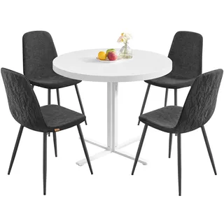 VASAGLE Runder Tisch mit 4 Esszimmerstühlen, Essgruppe, Stahlgestell, einfacher Aufbau, schneeweiß-schiefergrau KDT184W02