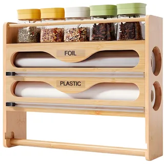 Folienspender mit Cutter & Küchenrollenhalter Ohne Bohren & Gewürzregal, Alufolienspender und Frischhalte Bambus, Folienschneider Frischhaltefolie, Frischhaltefolienspender Kompatibel 12" (Holz)