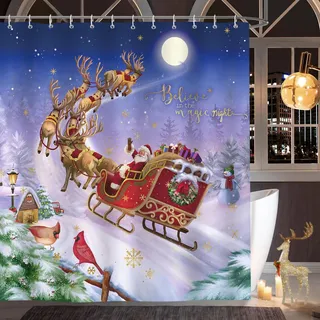 Bonhause Duschvorhang Weihnachten Weihnachtsmann Rentier Schlitten Xmas Winter Duschvorhänge 180 x 180 cm Anti-Schimmel Wasserdicht Polyester Stoff Waschbar Bad Vorhäng für Badzimmer mit 12 Haken