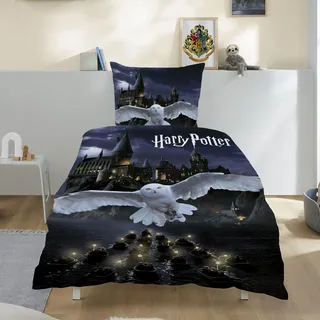 Biber/Flanell Bettwäsche-Set Harry Potter 135x200 80x80 cm · Kinderbettwäsche aus 100% Baumwolle · Motiv mit Eule Hedwig und Hogwarts Wappen · Winter-Bettwäsche zum Wenden