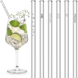 HALM Glasstrohhalme Original 6 Stück graviert: Süße Kater + Katzen Motive - Strohhalme 20cm - Kätzchen Liebhaber Geschenkidee - Stabil - Spülmaschinenfest - Made in Germany