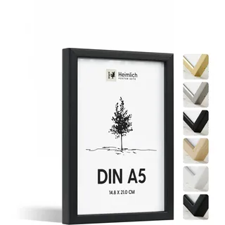 Heimlich® - Bilderrahmen - A5 14,8x21 cm, Ayous-Holz, Schwarz, Diplom-Poster-Collage-Rahmen mit Folienabdeckung - Wandmontage oder Tischaufsteller