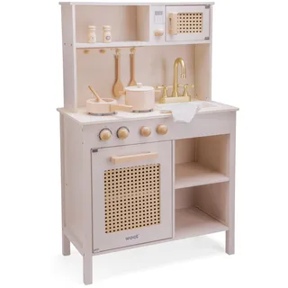 woet Woet® Holzspielzeug Spielküche für Kinder – Rosa Spielküche aus Holz mit Küchenzubehör und Rattan-Details – Küchenspielzeug – Ab 3 Jahren – Geschenk für Mädchen und Jungen