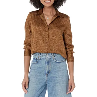 Amazon Essentials Damenbluse aus Satin mit Knopfleiste in klassischer Passform (Erhältlich in Übergröße), Dunkles Kastanienbrauner Leopard, X-Large