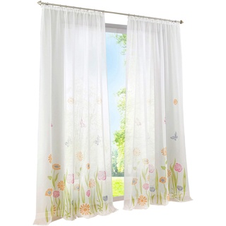 BAILEY JO 1er-Pack Gardine Kräuselband Floral Vorhänge Mit Blumen Schmetterling Transparent Voile Vorhang (grün, BxH 150x175cm)