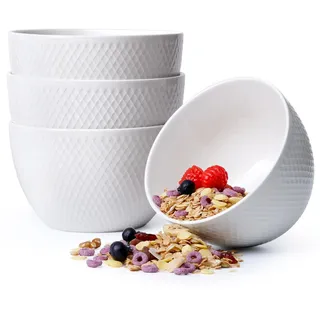 NUTRIUPS 900ml Müslischalen Keramik, 15x9cm Suppenschüssel, Weiß Schüsseln 4er Set, Tiefe Servierschalen für Müsli, Suppe, Salat, Popcorn, Nudeln, Obst, Ramen, Spülmaschinen- und Mikrowellenfest