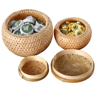 Juwacoo 2 Pack Aufbewahrungsboxen mit Deckel, Handgefertigten Rattan Korb Körbchen, Kisten Aufbewahrung Aufbewahrungskorb Rund, Bambus Korb mit Deckel Geflochten