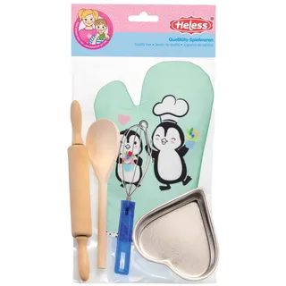 Heless 232 - Backset für Kinder im Pinguin Pünktchen Design, 5 teiliges Backzubehör mit Ofenhandschuh, Backform Herz, Nudelholz & Kochlöffel aus Holz und Schneebesen