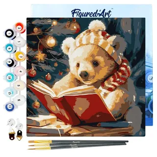 Figured'Art Mini Malen Nach Zahlen Erwachsene Mit Rahmen 20x20cm Kleines Format - Süßer lesender Bär - Paint by Numbers Basteln DIY Bastelset Leinwand gespannt auf Holzrahmen