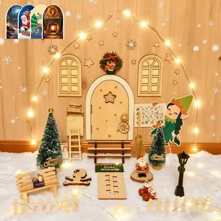 Gcstnn Wichteltür Set, 55PCS Wichtel Zubehör Weihnachten mit Licht, Feentür Dänische Weihnachtsdeko, Wichteltür Komplettset mit Elfentür Wichtel,Briefkästen,Leiter,Weihnachtsbaum