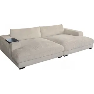 KAWOLA Big Sofa MADELINE mit Holztablett schwarz für Armlehne Cord cremeweiß - Weiß