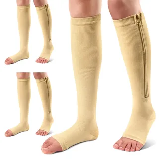 Ailaka 3 Paar Kompressionssocken mit Reißverschluss, 15-20 mmHg Kniestrümpfe für Damen und Herren, Offene Zehen-Design, Atmungsaktiv und Stützend (Beige, XXL)