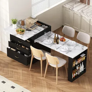 STILVORA Kücheninsel mit Rollen und ausziehbarem Esstisch, Küchentisch mit LED-Beleuchtung und Steckdosenleisten, Sideboard und Bartisch für Küche und Esszimmer, Schwarz - Schwarz
