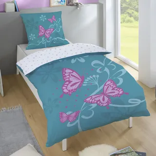 CTI - Bettwäsche Set Schmetterlinge 135x200 cm 80x80 cm Mädchen Linon Baumwolle türkis rosa