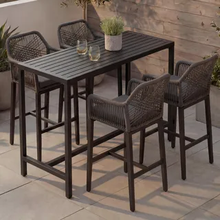 Set Bartisch + 4x Barhocker HWC-P91, Barstuhl Stehtisch, Outdoor Sitzpolster Seilgeflecht Metall anthrazit - Grau