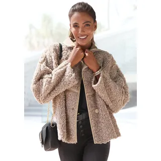 LASCANA LASCANA, Fellimitatjacke mit Lederimitat-Einsätzen, Sherpa-Jacke aus Teddyplüsch mit Taschen, grau