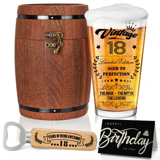 Joybble Geschenk zum 18 Geburtstag Junge, Geschenke für Männer, Personalisierte Bierglas mit Gravur, 2008-Bierglas in Fassbox 470ml, 18 Geburtstag Deko mit Geburtstagskarte, Flaschenöffner