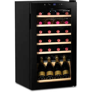 °CUBES Weinkühlschrank 28 Flaschen (90L) mit eleganter Glastür & hochwertigen Regalen aus Buchenholz | 5-18°C, vibrationsarm & leise (40dB) | Weinschrank mit LED Display - Tolles Geschenk