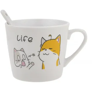 lachineuse - Porzellantasse & Löffel Happy Cat - Katzen-Duo - Life Collection - 200 ml - Frühstück & Entspannungspause - Kaffee, Tee, heiße Schokolade - Geschenkidee für Asien, China, Japan - Weiß
