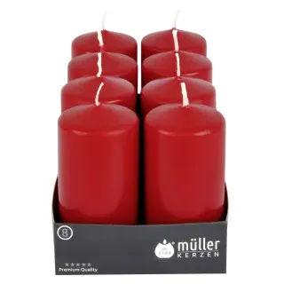 Müller Kerzen Stumpenkerze, karminrot, Hochwertige Stumpenkerze mit gleichmäßigen Abbrand, 1 Packung = 8 Stück, (Ø x H): 57 x 120 mm