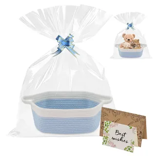Geschenkkorb Leer, Baumwollsei Präsentkorb Leer mit Geschenktüten Grußkarte und Bändern, Geflochtener Korb Aufbewahrungskorb mit Griff für Geburtstage, Babypartys(Blau Weiß Kombination)