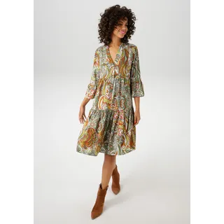 Tunikakleid ANISTON CASUAL, Damen, Gr. 36, N-Gr, bunt (grün, dunkelgrün, weiß, rost, braun, mais, oliv, terrakotta), Web, Obermaterial: 100% Viskose, Paisley, bedruckt, gemustert, lässig geschnitten kniefrei, V-Ausschnitt, Volant, Kleider Tunikakleid, mit farbharmonischem, großflächigen Paisley-Muster, Topseller