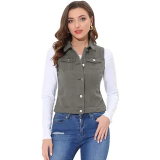 Allegra K Damen Jeansweste Ärmellos Knopfleiste Sommer Denim Revers Jacke Westen mit Taschen Grau M