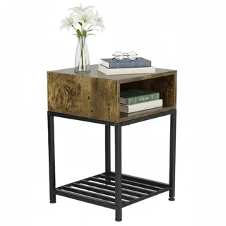 Relaxdays Nachttisch, Fach & Ablage, HBT 58x40x40 cm, Industrial, Holzoptik, Metall, Nachtschrank, dunkelbraun/schwarz