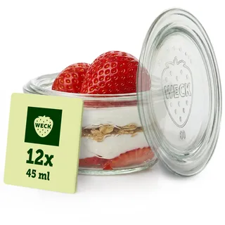 Weck Gläser 45ml – 12er Set mit Deckeln – Sturzform – robuste, stapelbare Dessertgläser, Einkoch- & Einmachgläser – klein – Weckglas ideal für Nachtisch – Made in Germany