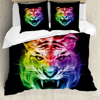 ABAKUHAUS Tiger Bettbezug, Abstrakt Feline Bunte, Milbensicher Allergiker geeignet mit Kissenbezügen, 200 cm x 200 cm - 80 x 80 cm, Mehrfarbig