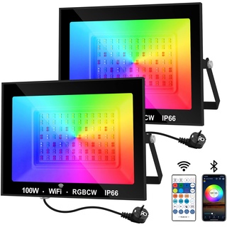 NATPOW LED Strahler Außen, 100W Smart RGB Strahler mit Fernbedienung Bluetooth App, LED Fluter Flutlichtstrahler Farbwechsel Scheinwerfer, IP66 Wasserdicht Flutlicht für Gärten, Innenhöfe(2 Stk)