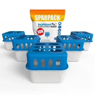 BigDean 5 Stück Luftentfeuchter + 10 Nachfüllpacks 400g – Raumentfeuchter nachfüllbar + wiederverwendbar – Entfeuchter ohne Strom - Weiß, Blau
