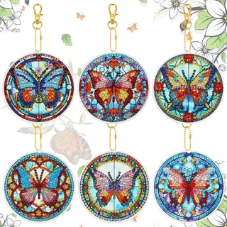 JSRQT 6 Stück 5D Schmetterling Diamant Malerei Schlüsselanhänger, Doppelseitiger DIY Diamond Art Painting Keychian, Mosaik Diamant Handwerk Anhänger Strass Stickerei Schlüsselbund für Frauen Mädchen