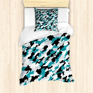 ABAKUHAUS Ozean Bettbezug Set für Einzelbetten, Wasser-Tarnung-Fliese, Milbensicher Allergiker geeignet mit Kissenbezug, Dunkelgrün Weiß und Teal - Weiß