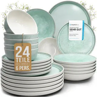 Steingut Geschirrset 6 Personen Ibiza 24 tlg. TESTSIEGER, Traumhaftes Mediterranes Steingut Geschirr Set, Schüssel- und Teller Set, Tafelservice 6 Personen, Geschirrsets Pure Living in Türkis