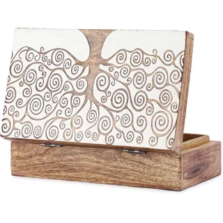 Ajuny Handgeschnitzte Lebensbaum-Schmuckbox aus Holz, Dekorative Aufbewahrungs- & Erinnerungsbox im Vintage-Stil, Handgefertigte Schatztruhe für Schmuck, Uhren & Reisesouvenirs, Weiß/Braun 8 x 5 Zoll
