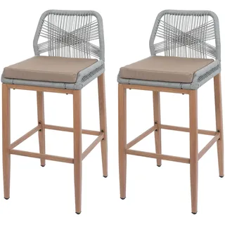 Mendler 2er-Set Rope-Barhocker HWC-O21, Outdoor Sitzpolster Seilgeflecht Metall Holz-Optik hellgrau, Kisse