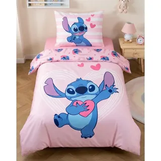 Disney Stitch Bettwäsche 135x200 cm + Kissenbezug 80x80 cm – 100% Baumwolle Renforcé – Rosa Kinderbettwäsche mit Herz-Motiv – Lilo & Stitch Bettgarnitur für Mädchen & Fans
