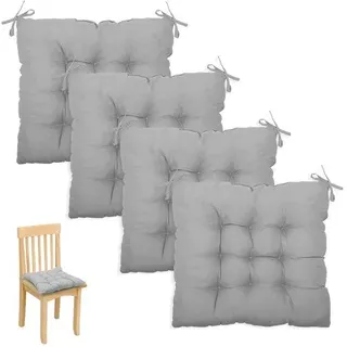 Unyqoos® Set von 4 Stuhlkissen 40 x 40 cm, Baumwoll-Polyester-Mix, mit Bindbändern & 9‐Punkt‐Steppung, Grau – für Esszimmer & Terrasse, waschbar 30°C - Grau