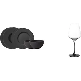 Villeroy & Boch - Manufacture Rock Starter-Set, 6 tlg., Premium Porzellan, Schwarz & Manufacture Rock, Weißweinglas-Set, 4 Stück (1er Pack), 380 ml, Kristallglas, Transparent/Schwarz