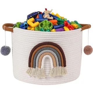 Aufbewahrungskörbe für Kinder, Baumwollkorb mit 3D Regenbogen Dekor, Korb für Wohnzimmer, Spielzeug-Organizer, Gewebter Baby-Aufbewahrungskorb, Wäschekorb, Spielzeugkorb, Kaffeefarbe