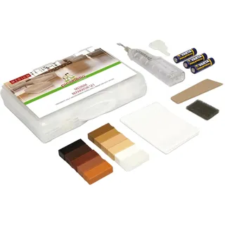 Picobello Reparatur-Set (Medium) | Holz- und Dekoroberflächen I Geeignet für Laminat, Parkett, Möbel & Treppen I Mit 11 Hartwachs-Stangen, Batterie-Schmelzer & Zubehör I Made in Germany