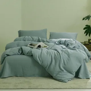 KEAYOO Musselin Bettwäsche 135x200 cm Grün mit einem Kissenbezug 80x80 cm aus 100% Baumwolle - Traumhaft weiche (Grün, 135x200cm)