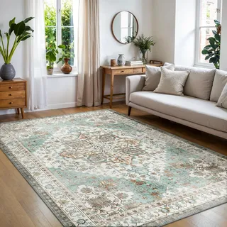 BEIMO Vintage Teppich Schlafzimmer 200X290CM rutschfest Kurzflor Mintgrün Teppich Wohnzimmer Waschbar Flur Läufer