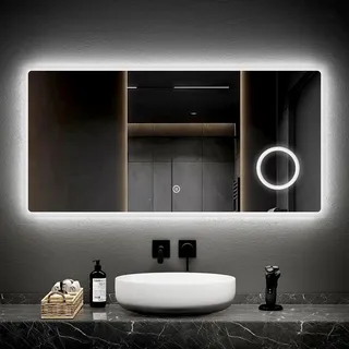 EMKE LED Badspiegel mit Beleuchtung 120x60cm Badezimmerspiegel kaltweiß Lichtspiegel Wandspiegel mit Touchschalter+3-Fach Vergrößerung Schminkspiegel IP44 energiesparend