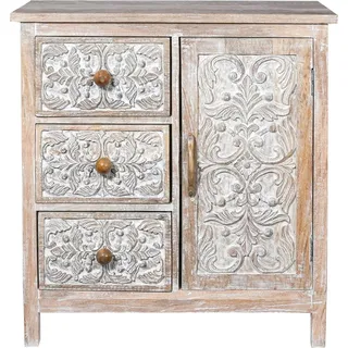 Marrakesch-Stil Kommode mit Tür und 3 Schubladen aus Holz, weiß, 80 cm hoch | Skandinavische Deko, kleines Sideboard/Kommode Caitria für stilvolle Aufbewahrung und Vintage-Dekoration im Wohn- und Schlafzimmer - Weiß