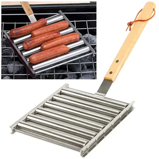 KAYCROWN Hot Dog Roller Wurstgestell mit extra langem Holzgriff, BBQ Griller für gleichmäßig gekochte Hunde, 5 Kapazität, Silber