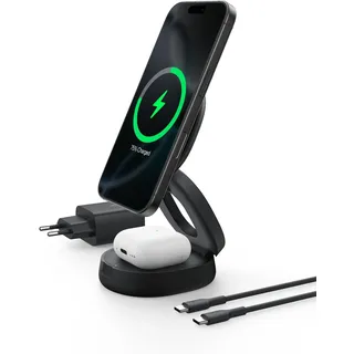 Belkin BoostCharge 2-in-1 Induktive Ladestation mit Qi2, 15W, MagSafe-kompatibles Ladegerät, Kabellose, Kompakte, Verstellbare, für iPhone 17, Air, Pixelsnap, AirPods, inkl. 30-W-Netzteil - Schwarz