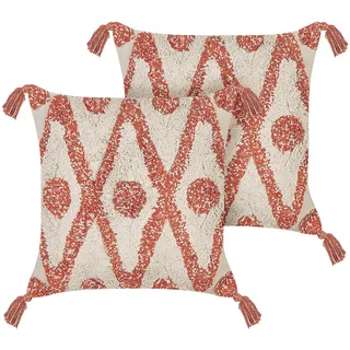 BELIANI Dekokissen 2er Set Beige und Orange Baumwolle 45 x 45 cm Bezug mit Füllung Reißverschluss Geometrisches Muster Boho Modern Wohnzimmer Deko - Beige