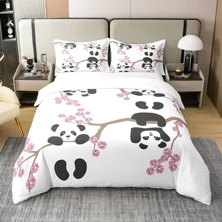 Kinder Panda 100% Bio Baumwolle Bettbezug Kirschblüten Tröster Bezug 135x200 Nette Tier Bettwäsche Set für Jungen Teens Blume Zweige Cartoon Stil Steppdeckenbezug mit Reißverschluss